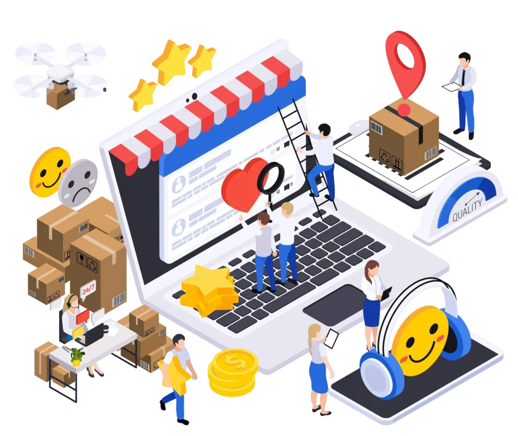 business-growth-strategy-isometric-composition-with-laptop-storefront-parcel-boxes-star-heart-reactions-people-vector-illustration